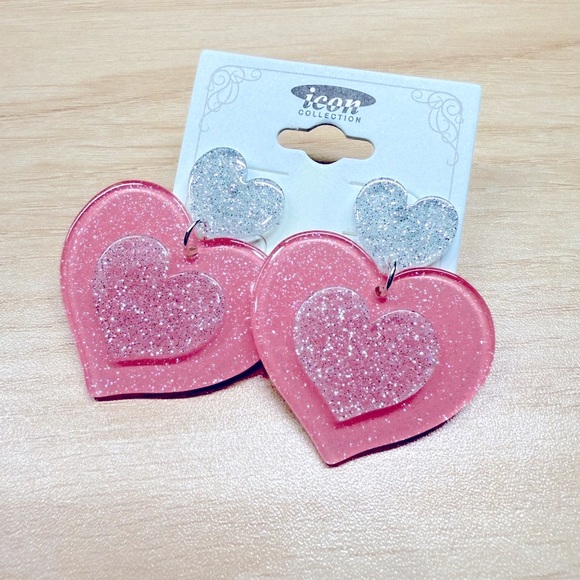 Jewelry - Pink and Silver Heart Dangle Earrings